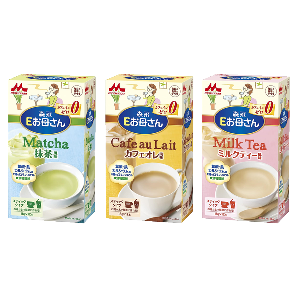 ［In stock］ Morinaga E Mom 18 g × 12 pieces  / Cafe au Lait Flavor / Milk Tea Flavor / Matcha Flavor