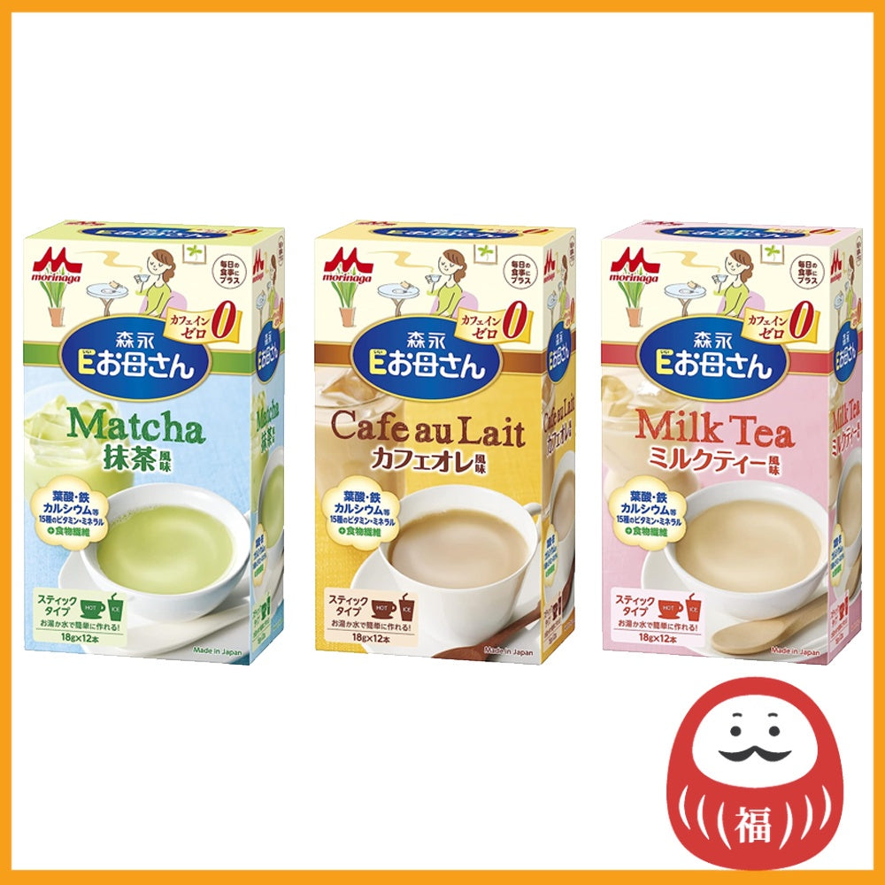 Morinaga E-Mother Nutritional Supplement - Green Tea / Cafe au Lait / Milk Tea (18g x 12 bottles)