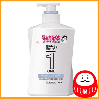 Kao Men's Biore ONE All-in-One Hair/Face/Body All-in-One Body Wash, Fruity Savon Fragrance, 480ml