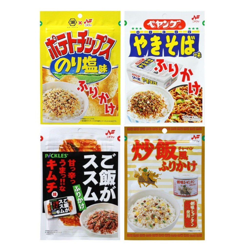 Nichifuri Furikake Seasoning Nori Salt Potato Chips Flavor / Peyoung Yakisoba Flavor / Gohan ga Susumu Kimchi Flavor / Somi Shantan Flavor 20g