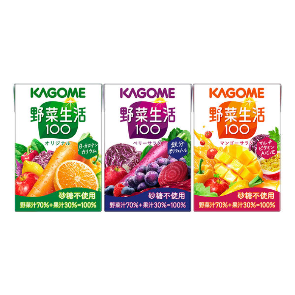 KAGOME Vegetable Seikatsu 100, Assorted Pack, Drinkable Size Vegetable Juice, 1 box (12 Juice Packs)